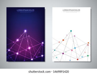 Brochure template or cover design. Digital technology with plexus background and space for your text. Geometric abstract background of connecting dots and lines
