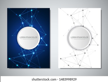 Brochure template or cover design. Digital technology with plexus background and space for your text. Geometric abstract background of connecting dots and lines