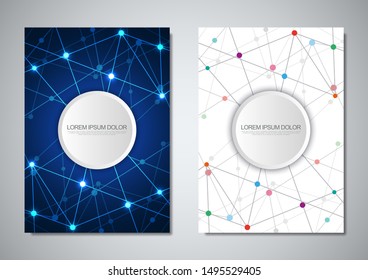 Brochure template or cover design. Digital technology with plexus background and space for your text. Geometric abstract background of connecting dots and lines