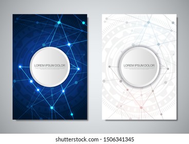 Brochure template or cover design. Digital technology with plexus background and space for your text. Geometric abstract background of connecting dots and lines