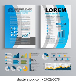 Brochure template design with blue and gray round shapes. Cover layout and infographics