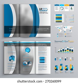 Brochure template design with blue and gray round shapes. Cover layout and infographics