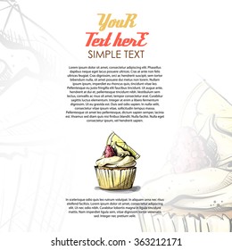 Brochure template design with cupcake in sketch style. Vector illustration.