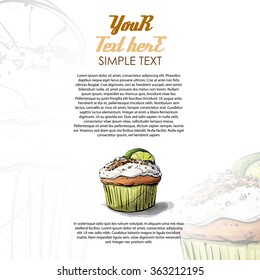 Brochure template design with cupcake in sketch style. Vector illustration.