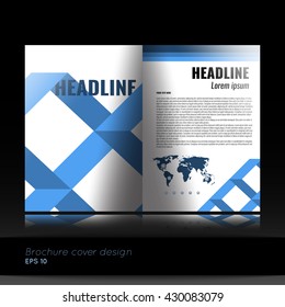Brochure template design with flat stripe background and world map infographic element. Stock vector.