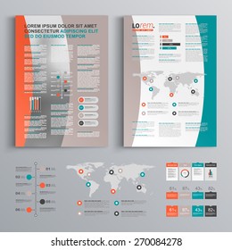 Brochure template design with green and red shapes. Cover layout and infographics