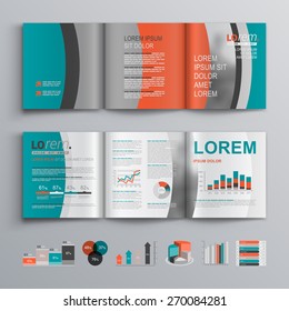 Brochure template design with green and red shapes. Cover layout and infographics