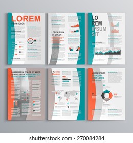 Brochure template design with green and red shapes. Cover layout and infographics