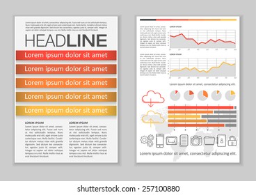 Brochure Template Design with Infographic elements, charts and icons. Creative Vector Flyer, Pamphlet, Leaflet set for business, marketing, advertising and corporate web site layout and Background.