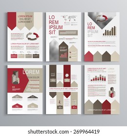 Brochure template design with red and brown arrows. Cover layout and infographics