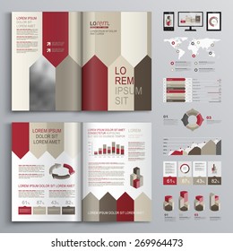 Brochure template design with red and brown arrows. Cover layout and infographics