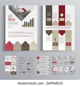Brochure template design with red and brown arrows. Cover layout and infographics