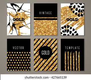 Brochure template design set with brush stroke and geometric elements. Vector illustration. Grunge vintage cards with golden paint, retro style poster or flyer. Polka dots and stripes on gold