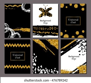 Brochure template design set with brush stroke Vector illustration. Grunge cards  golden paint, modern style poster or flyer.  strokes, gold tinsel