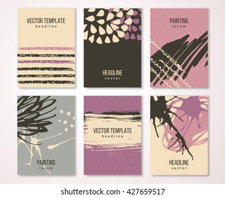 Brochure template design set with pastel strokes and colorful acrylic paint drips. Vector illustration. Grunge vintage cards, retro style poster or flyer. Brown, violet, pink and cream tints.