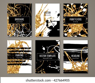 Brochure template design set with pastel strokes and gold acrylic paint drips. Vector illustration. Grunge vintage golden cards, retro style poster or flyer. 