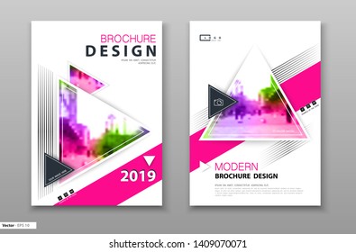 Brochure Template Design Template. Set Of Title Page. Corporate Business Report, Catalog, Magazine, Flyer Layout. Creative Modern Bright Concept With Triangle Shapes. Pink, White, Color. Ad Text Font