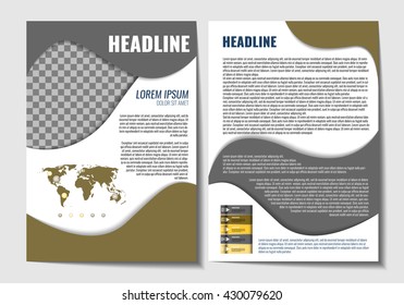 Brochure template design with wavy background and world map infographic element. Place for your photo. Stock vector.