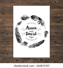 Brochure template with feathers wreath and save the date type design