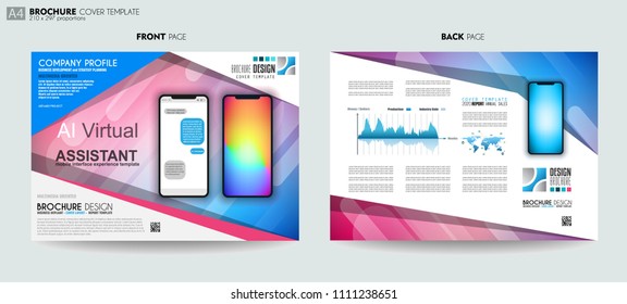 Brochure template, Flyer Design or Depliant Cover for business purposes. Elegant layout Mobile AI artificial intelligent chat bot support template and UI phone.