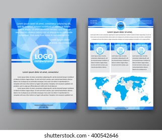 brochure template (flyer) front and back pages, with a polygonal blue background and place under the logo, with the world map and information. Vector illustration.