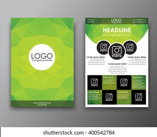 brochure template (flyer) front and back pages, with a polygonal green background and place for logo. Vector illustration.