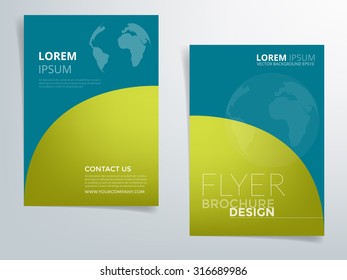 Brochure template flyer headline design background with blue and green element curve and world network concept with space for article text design in A4 size , vector EPS10
