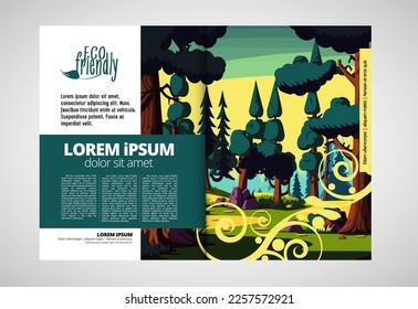 Brochure template flyer with nature landscape background. Cartoon style. 