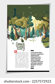 Brochure template flyer with nature landscape background. Cartoon style. 