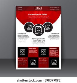brochure template (flyers, covers, poster) for printing a report or advertising. Polygonal red background, with round and square elements of the photo. Vector illustration