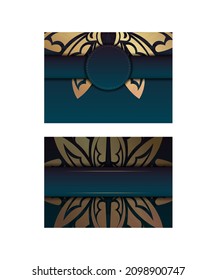 Brochure template with gradient blue color with mandala gold pattern prepared for printing.