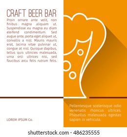 Brochure template with information about craft beer bar. Icon in the form of a silhouette of the glass of foamy drink on a bright background and place for your text.