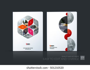 Brochure template layout collection, cover design annual report, magazine, flyer in A4 with red rhombus, rectangle for business, flower style. Abstract vector design set with half circles.