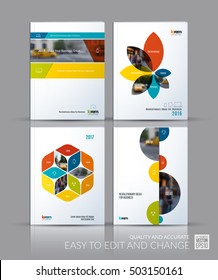 Brochure template layout collection, cover design annual report, magazine, flyer in A4 with banners, flowers, hexagon, half circles for business, building. Abstract vector design set.