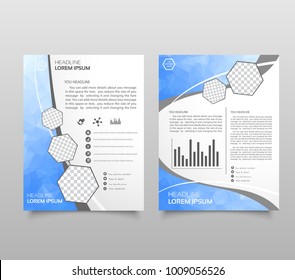 Brochure template layout, cover design annual report, magazine, flyer in A4 with blue polygonal triangles, 3d mesh polygons, rounds, lines, explosion for business and sale shopping. Vector.