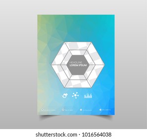 Brochure template layout, cover design annual report, magazine, flyer or booklet in A4 with blue geometric shapes on polygonal background. Vector Illustration.