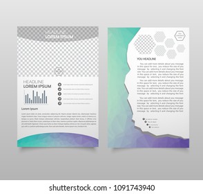 Brochure template layout, cover design annual report, magazine, flyer, leaflet booklet in A4 with turquoise colorful triangles texture and polygonal background. Vector Illustration.