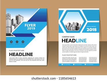 Brochure template layout, cover design annual report, magazine, flyer or booklet in A4 with blue geometric shapes on polygonal background
