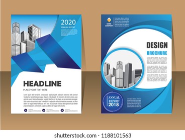 Brochure template layout, cover design annual report, magazine, flyer or booklet in A4 with blue geometric shapes on polygonal background