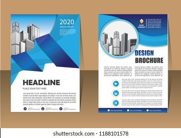 Brochure template layout, cover design annual report, magazine, flyer or booklet in A4 with blue geometric shapes on polygonal background