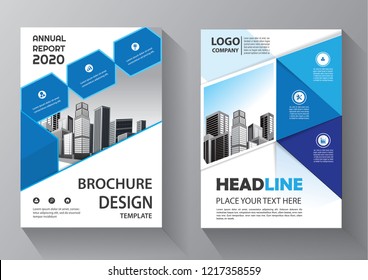 Brochure template layout, cover design annual report, magazine, flyer or booklet in A4 with blue geometric shapes on polygonal background
