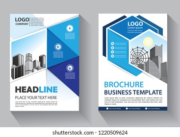 Brochure template layout, cover design annual report, magazine, flyer or booklet in A4 with blue geometric shapes on polygonal background