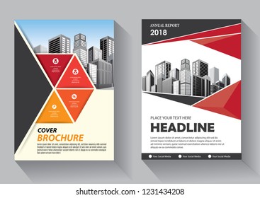 Brochure template layout, cover design annual report, magazine, flyer or booklet in A4 with red geometric shapes on polygonal background