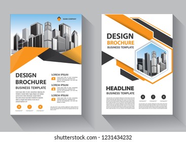 Brochure template layout, cover design annual report, magazine, flyer or booklet in A4 with orange geometric shapes on polygonal background