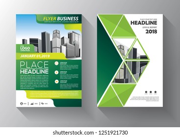 Brochure template layout, cover design annual report, magazine, flyer or booklet in A4 with green geometric shapes on polygonal background