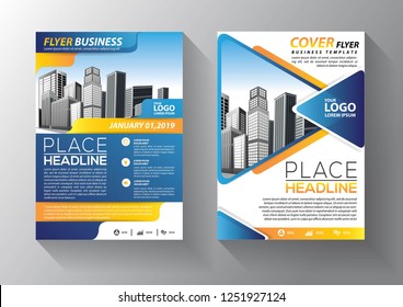 Brochure template layout, cover design annual report, magazine, flyer or booklet in A4 with blue geometric shapes on polygonal background