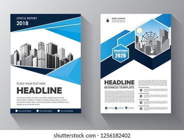 Brochure template layout, cover design annual report, magazine, flyer or booklet in A4 with blue geometric shapes on polygonal background