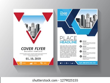 Brochure template layout, cover design annual report, magazine, flyer or booklet in A4 with blue geometric shapes on polygonal background