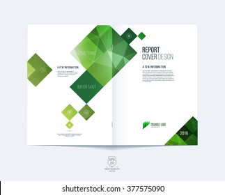 Brochure template layout, cover design annual report, magazine, flyer or booklet in A4 with green square and rectangular geometric shapes on polygonal background. Vector Illustration.