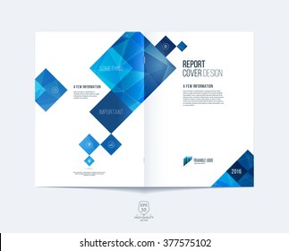 Brochure template layout, cover design annual report, magazine, flyer or booklet in A4 with blue square and rectangular geometric shapes on polygonal background. Vector Illustration.